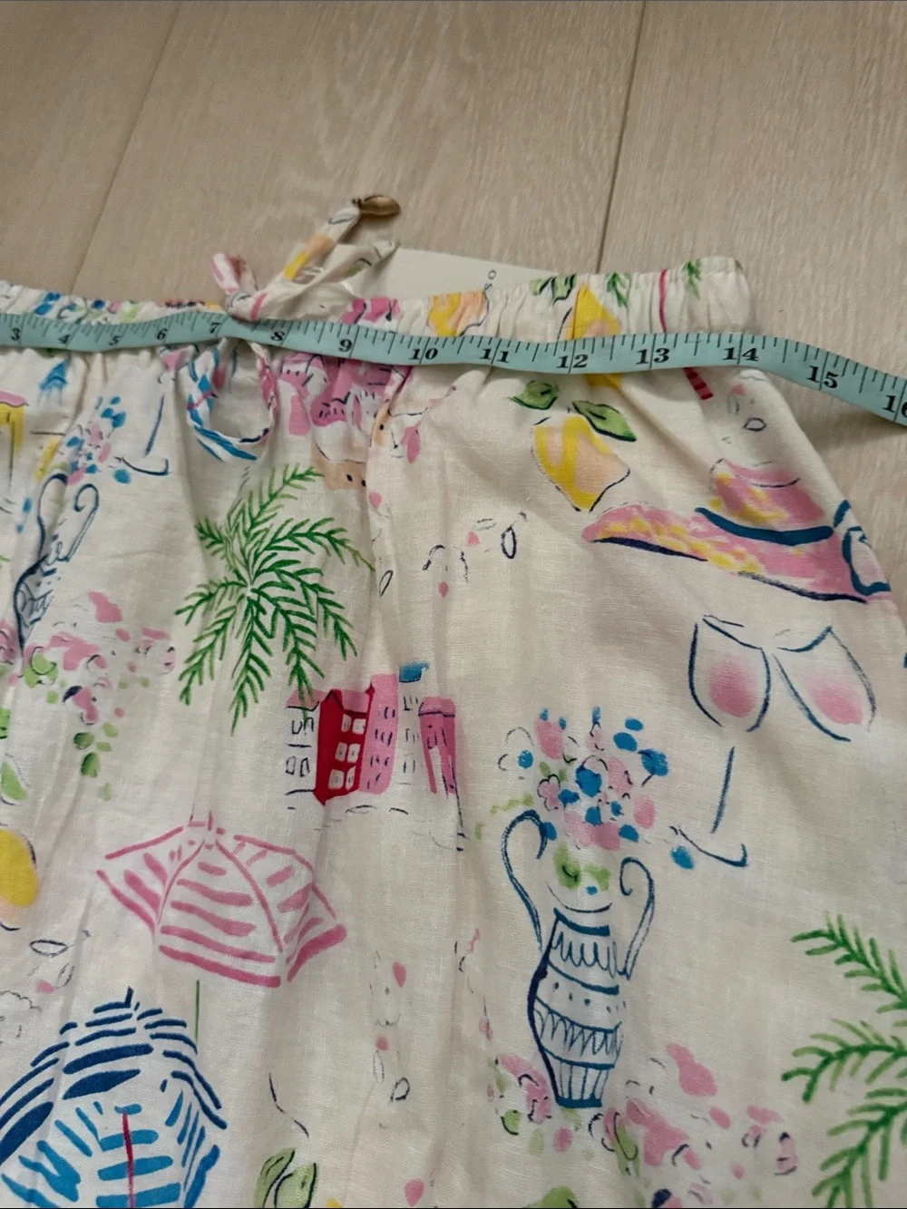 Calypso St. Barth Linen Blend Cream Drawstring Skirt with Pastel Floral Accents